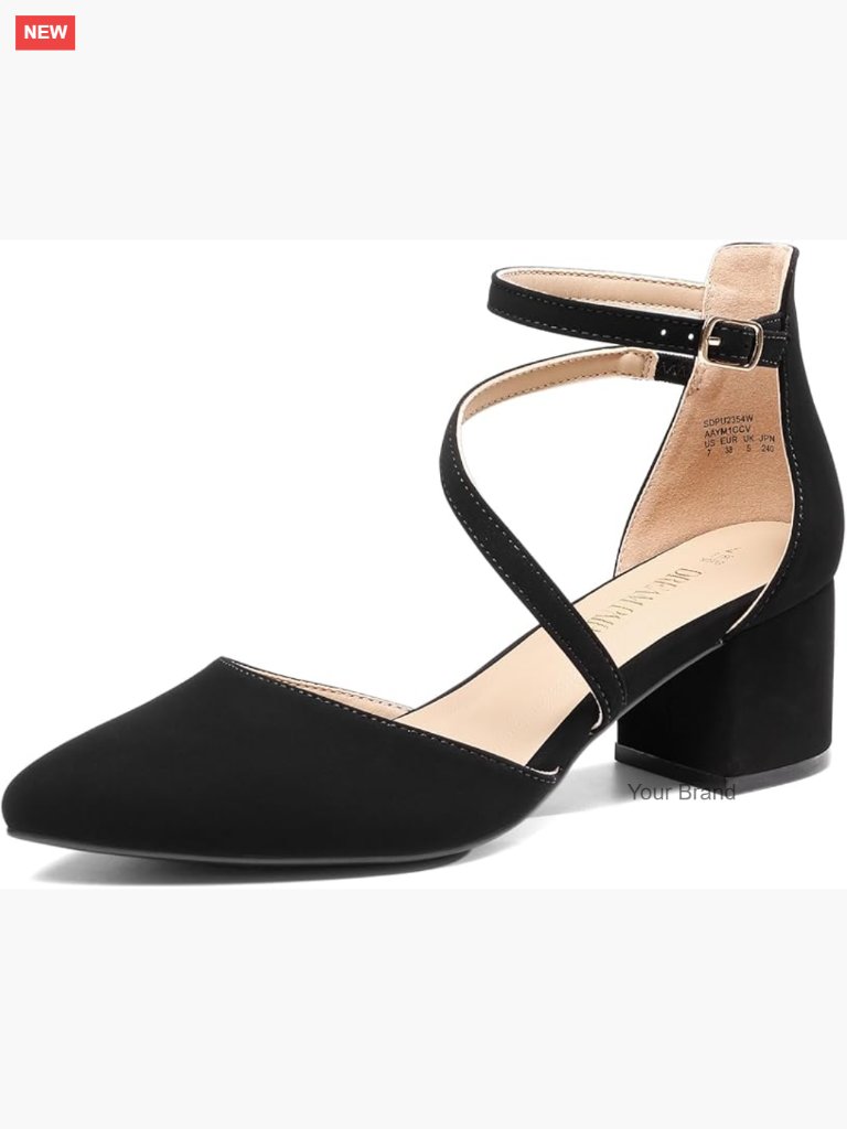 Faux Leather Closed Pointed Toe Low Chunky Heels Ankle Strap Pumps Block Heel